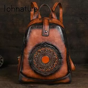 Johnature винтажный рюкзак с тиснением тотема, универсальная женская кожаная сумка, однотонные дорожные рюкзаки большой вместимости вино красного