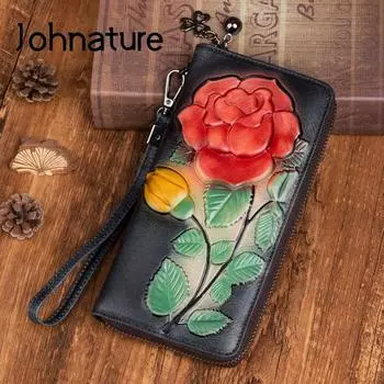 Johnature винтажный женский кошелек с тиснением розы, держатель для карт, натуральная кожа, длинная сумка на молнии, мягкая яловая кожа, кошелек для телефона коричневый