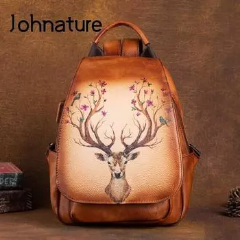 Johnature винтажный женский рюкзак из натуральной кожи, дорожные сумки, первый слой из коровьей кожи, ручная роспись, рюкзаки большой вместимости серый