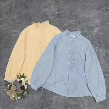 Johnature Winter Japanese Fungus Collar Velvet Stripe Shirt Women Loose Long Sleeve Winter Cotton Cardigan Thicken Tops One Size синий