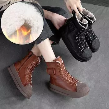 Johnature Зимние плюшевые теплые хлопковые сапоги из натуральной кожи с круглым носком и толстой подошвой женские короткие сапоги 36 чёрный