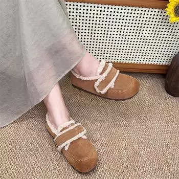 Johnature Winter Retro Frosted Cowhide Plush Slip-on Shoes Универсальные теплые повседневные туфли из хлопка на плоской подошве 35 чёрный