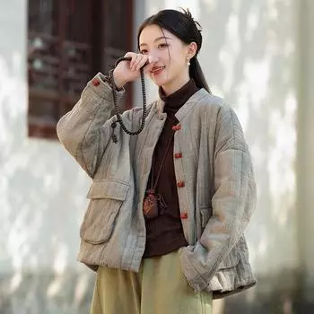 Johnature Winter Women Button Warm Solid Color Coats Chinese Style Long Sleeve Pockets Coats One Size