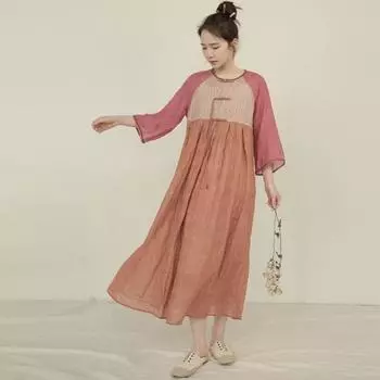 Johnature Wmen в китайском стиле с высокой талией, платье с круглым вырезом и семью рукавами, халаты Ramie, лоскутные цветные летние винтажные платья