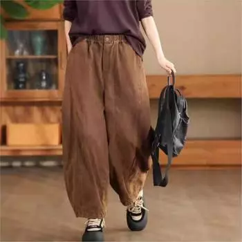 Johnature Woman Autumn Casual Loose Elastic Waist Harem Pants Solid Color Washing Chinese Style Vintage Pants One Size