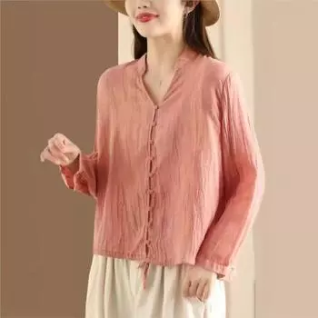 Johnature Женская осенняя мода с длинными рукавами, фирменная рубашка Niche с V-образным вырезом, винтажная однотонная рубашка One Size фиолетовый