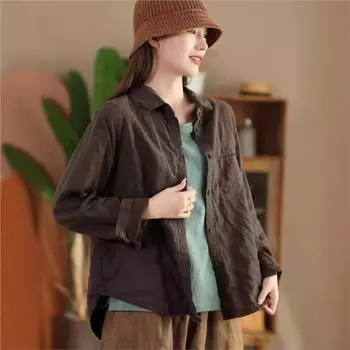 Johnature Женская осенняя рубашка с длинными рукавами и отложным воротником, винтажная однобортная свободная однотонная рубашка L хаки