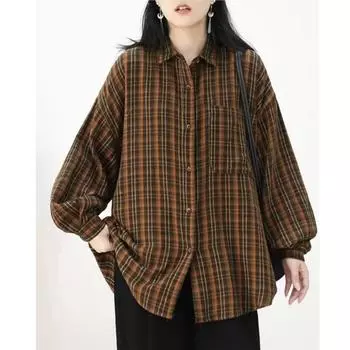 Johnature Женская осенняя рубашка в клетку свободного покроя с длинными рукавами, отложной воротник, винтажная однобортная рубашка One Size