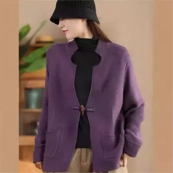 Johnature Woman Autumn Niche Horn Buttons Long Sleeves Vintage Coat Loose O-Neck Chinese Style Coat Solid Color Coat One Size