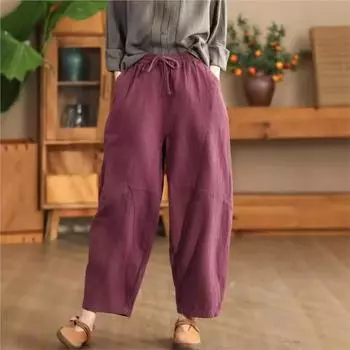 Johnature Woman Autumn Vintage Casual Elastic Waist Pants Splice Loose Solid Color Pants One Size