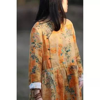 Johnature Woman Spring Niche Print Chinese Style Retro Dress Fashion Long Sleeves Casual Vintage Style Dress