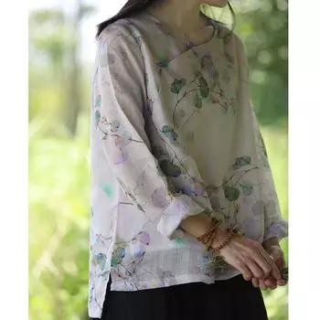 Johnature Женская весенняя нишевая рубашка с длинными рукавами и принтом в стиле ретро, индивидуальная повседневная винтажная рубашка в китайском стиле M светло-фиолетовый