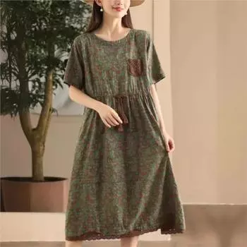 Johnature Женское летнее платье-трапеция с принтом Niche, модное платье с короткими рукавами и завязками в китайском стиле One Size оранжевый