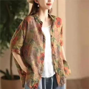 Johnature Женская летняя рубашка Niche Vintage Print с отложным воротником, однобортная свободная рубашка в китайском стиле L