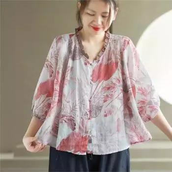 Johnature Woman Summer Print Floral Buckle V-Neck Vintage Shirt Chinese Style Loose Three Quarter Single Breasted Shirt