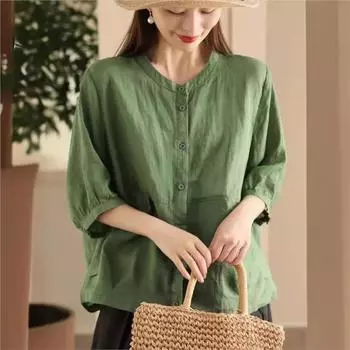Johnature Женская летняя однобортная повседневная рубашка с коротким рукавом в китайском стиле, свободная рубашка в винтажном стиле в стиле ретро One Size