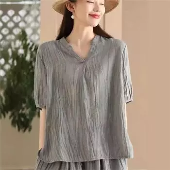 Johnature Женская летняя однотонная футболка в винтажном стиле с V-образным вырезом, повседневная футболка с короткими рукавами в стиле ретро One Size