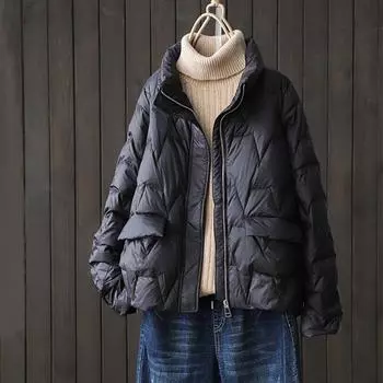 Johnature Женское зимнее повседневное пальто с длинными рукавами в винтажном стиле, свободное повседневное пальто, модное однотонное пальто в китайском стиле на молнии M чёрный