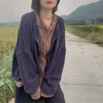 Johnature Woman Winter Casual Loose Vintage Solid Color knit Coat Long Sleeves Irregular Devise Personality Coat One Size синий