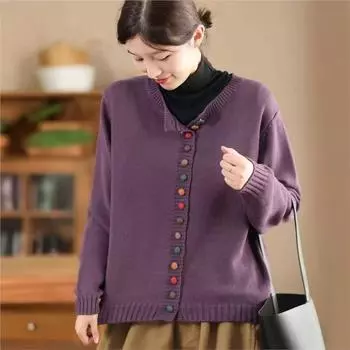 Johnature Woman Winter Fashion O-Neck Niche Long Sleeves Casual Sweater Solid Color Single Breasted Loose Sweater One Size оранжевый