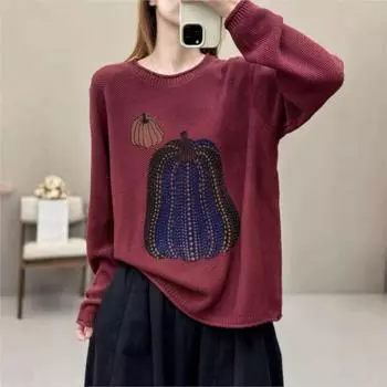 Johnature Woman Winter Fashion Pumpkin Print O-Neck Sweater Niche Long Sleeves Retro Personality Sweater One Size кофейный