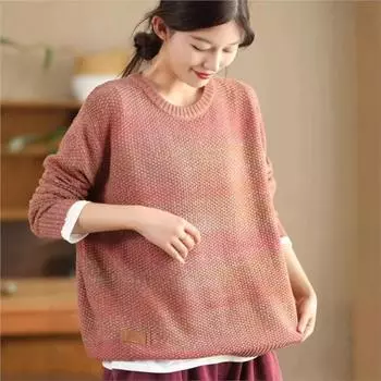Johnature Женский зимний модный свитер с круглым вырезом и резьбой в Корейском стиле с длинными рукавами в винтажном стиле в стиле ретро One Size кофейный