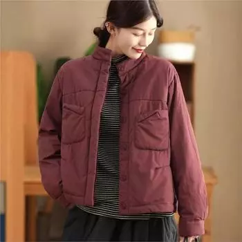 Johnature Woman Winter Fashion Vintage Solid Color Long Sleeves Loose Coat Turn Down Collar Chinese Style Casual Coat L хаки