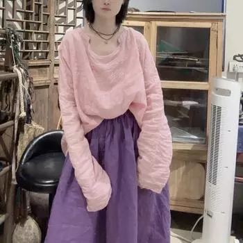 Johnature Woman Winter Niche Casual Long Sleeves Solid Color T-Shirt Fashion O-Neck Vintage Style T-Shirt One Size жёлтый