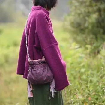 Johnature Woman Winter Niche Casual V-Neck Long Sleeves Sweater Vintage Chinese Style Solid Color Sweater One Size кофейный