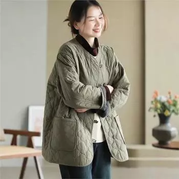 Johnature Woman Winter Niche Solid Color O-Neck Loose Casual Coat Long Sleeves Personality Single Breasted Coat One Size чёрный