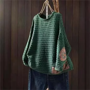 Johnature Женщина Зима Ниша Винтажные Заплатки Свободный Китайский Стиль Свитер Мода O-образный вырез Длинные Рукава Рукава One Size зелёный