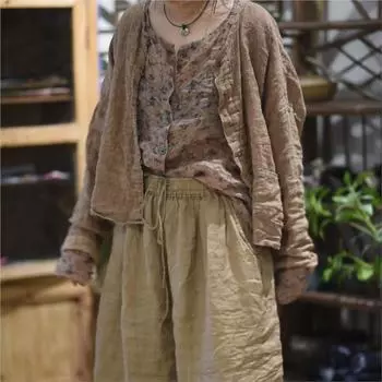 Johnature Woman Winter Solid Color O-Neck Vintage Long Sleeves Shirt Niche Single Breasted Shirt One Size бежевый