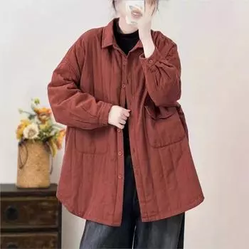 Johnature Женское зимнее отложной воротник Свободное однотонное однобортное пальто с длинными рукавами One Size чёрный