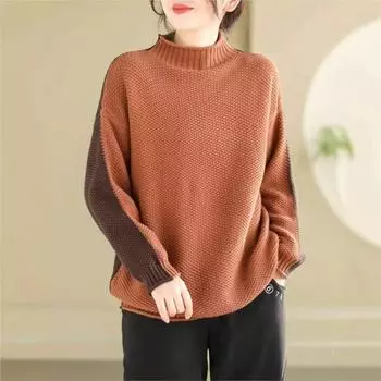 Johnature Woman Winter Vintage Casual Color Blocking Mock Neck Sweater Fashion Chinese Style Long Sleeves Sweater One Size