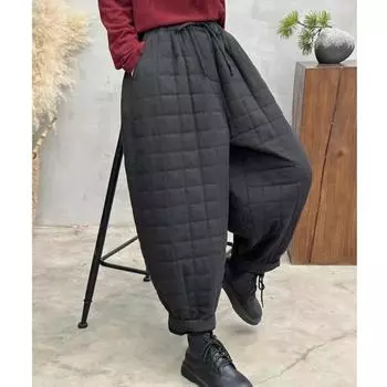 Johnature Woman Winter Vintage Solid Color Harem Pants Elasticated Waist Chinese Style Loose Pants One Size чёрный