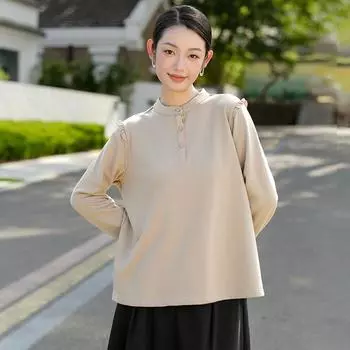 Johnature Women Casual Autumn T-Shirts Terry Cotton Stand Long Sleeve Solid Color Button Soft Women T-Shirts M хаки