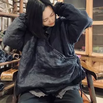 Johnature Women Chinese Style Blet Winter Coats Solid Color Long Sleeve V-Neck Vintage Warm Women Coats One Size синий