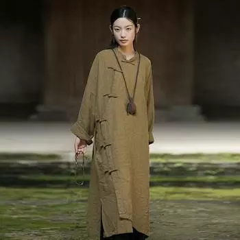 Johnature Women Chinese Style Dress Stand Long Sleeve Button Autumn Solid Color A-Line Dresses One Size фиолетовый