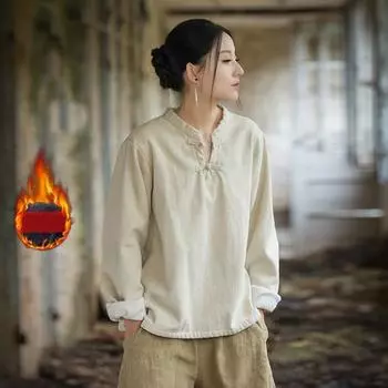 Johnature Women Chinese Style Fleece Shirts Solid Color Warm Tops Stand Long Sleeve Blouses Winter Vintage Button Shirt One Size