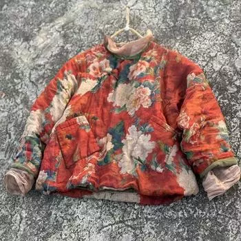 Johnature Women Chinese Style Print Floral Winter Pockets Button Vintage Coats Long Sleeve O-Neck One Size красный