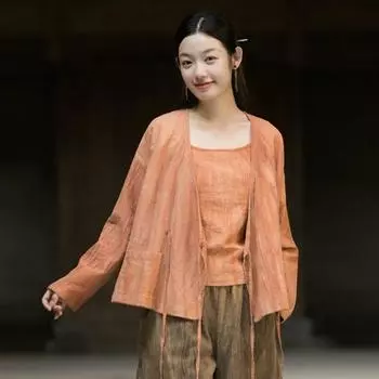 Johnature Women Chinese Style Shirts Tops Autumn Long Sleeve Pockets Belt Tie-dye Women Blouses One Size