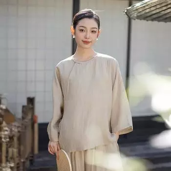 Johnature Women Chinese Style Shirts Tops O-Neck Long Sleeve Spring Blouses Solid Color Loose Soft Women Shirts One Size серый