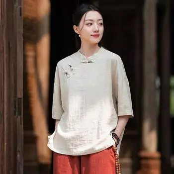 Johnature Женские рубашки в китайском стиле, топы, однотонные, летние, со стойкой на пуговицах, винтажные женские рубашки One Size фиолетовый