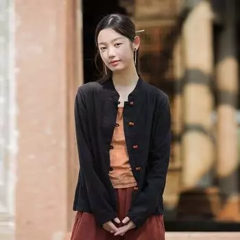 Johnature Women Chinese Style Shirts Tops Stand Long Sleeve Pockets Blouses Autumn Solid Color Shirts M чёрный