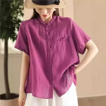 Johnature Женские рубашки в китайском стиле, топы с отложным воротником, однотонные блузки с коротким рукавом, летняя рубашка L
