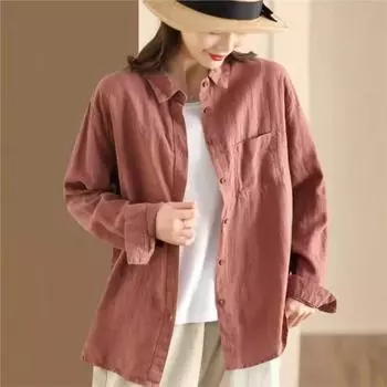 Johnature Женские рубашки в китайском стиле с отложным воротником, длинным рукавом, однотонные топы на пуговицах, осенние винтажные рубашки L темно-зеленого