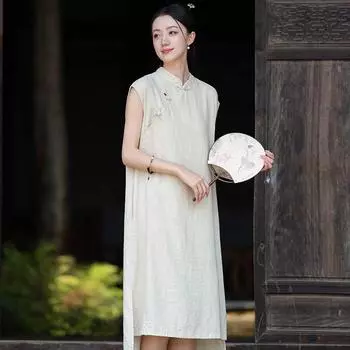Johnature Женские платья без рукавов в китайском стиле, однотонные, А-силуэта, летнее винтажное платье One Size бежевый