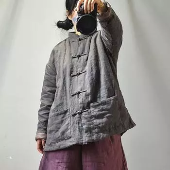 Johnature Женские парки в китайском стиле с пуговицами-стойками, однотонные карманы, осень-зима One Size синий