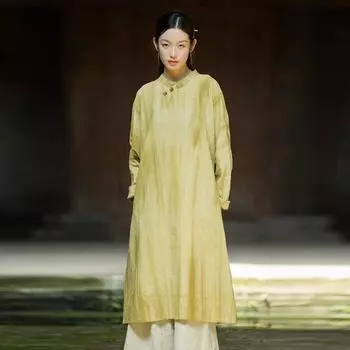 Johnature Women Chinese Style Stand Dress Long Sleeve Button Autumn Tie-dye A-Line Dress One Size серый