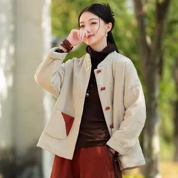 Johnature Women Chinese Style Stand Long Sleeve Solid Color Coats Winter Button Pockets Coats One Size